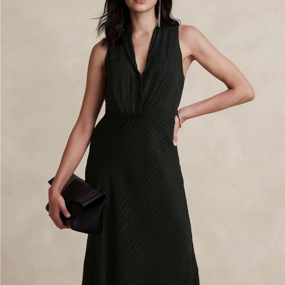 NWT! Banana Republic Lured Jacquard MIDI Dress Black With Metallic Detail Sz 14